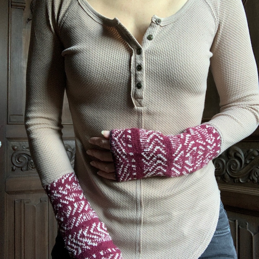 Beige Henley Top with Burgundy Accents